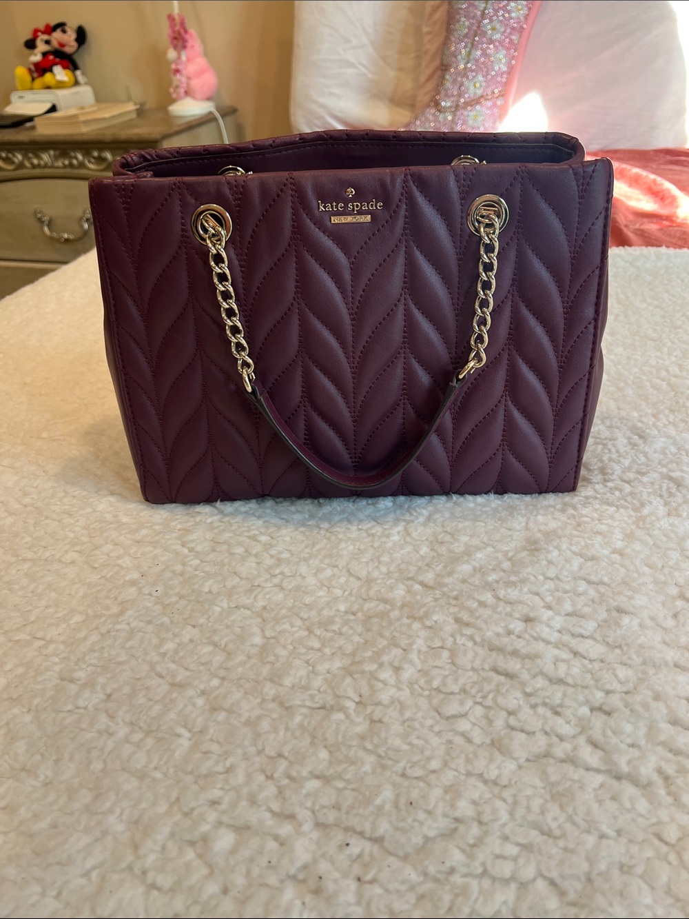 kate spade Quilted Burgundy Leather with Gold Chain Handles and longer strap. - Picture 1 of 13